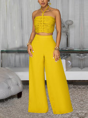 Ruched Halter Crop Top And Wide-Leg Pant Set