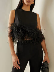 Fashion Round Collar Feather Cropped Vest Top