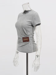 Casual Round Neck Leather Patchwork Slim T-shirt