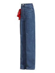 Fashion Contrast Side Bow High Waist Straight Jeans