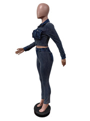 Denim Patchwork Ribbed Crop Top and Pant Two-Piece Set