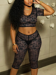 Sexy Lace See Through Crop Top Capri Legging Set