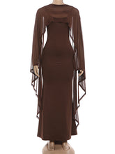 Fashion Mesh Cape Slim Maxi Dress Two Piece Set