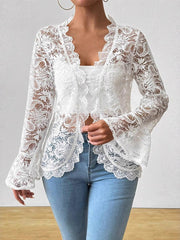 Casual Flare Sleeve Ruffle Trim Sheer Lace Jacket