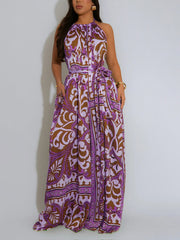 Sexy Satin Print Backless Halter Jumpsuit