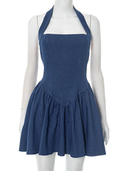 Sexy Halter Backless Denim Mini Dress