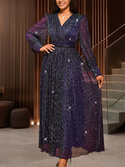 Elegant V-Neck Mesh Sequin Slim Maxi Dress