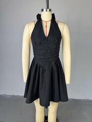 Sexy Pleated V-Neck Halter Bow Mini Dress