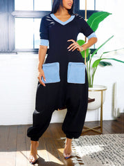 Casual V Neck Denim Patchwork Cargo Jumpsuit