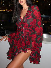 Elegant V-Neck Button High Waist Ruffles Mini Dress