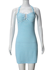 Fashion Stripe Halter Lace-up Mini Dress