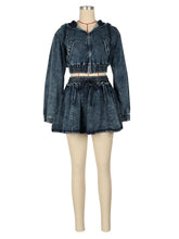 Casual Washed Denim Cropped Jacket And Mini Skirt Set