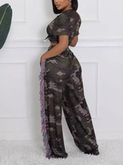 Lace-Up Crop Top Fringed Detail Wide Leg Camo Pants Set