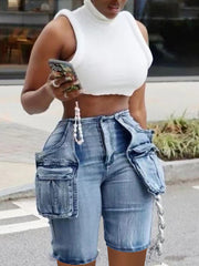 Casual High Waist Stretch Cargo Denim Shorts