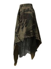 Casual Denim Patchwork Mesh Irregularity Camo Skirt