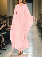 Elegant Round Neck Waist Belted Pleated Dress