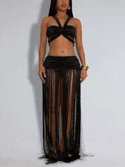 Sexy Crop Tube Top Fringe Maxi Skirt Two Piece Set