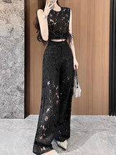 Fashion Embroidered Feather Crop Top Wide Leg Pants Set