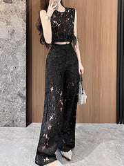 Fashion Embroidered Feather Crop Top Wide Leg Pants Set