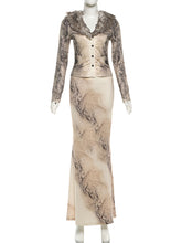 Faux Fur Collar Long Sleeve Print Top and Skirt Sets