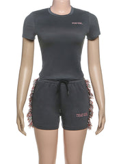 Casual Crop Top Shorts Fringe 2 Piece Set