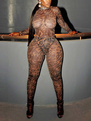 Sexy Mesh Sheer Leopard Print Tight Two Piece Set