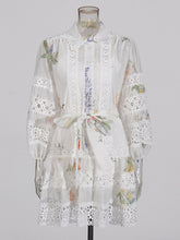 Fashion Print Lapel Puff Sleeve Lace-Up Dress