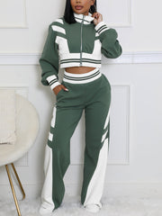 Color Block Patchwork Sweatshirt Flared Pants Set