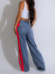Two-Tone High Waist Striped Side Panels Straight Jeans