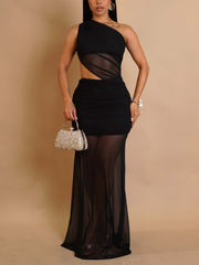 Sexy Single Shoulder Backless Sheer Mesh Maxi Dress