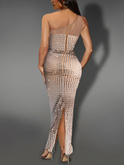 Sexy Mesh Patchwork Rhinestone Slash-Shoulder Dress