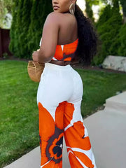 Sexy Print Crop Tops Wide Leg Pants Set