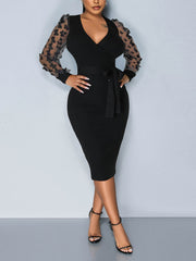 Elegant Butterfly Mesh Sleeve Tie Up V-Neck Dress
