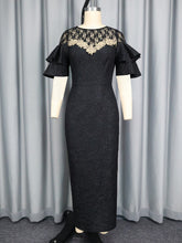 Lace Patchwork Ruffle Sleeve Jacquard Bodycon Mid Dress