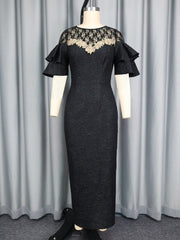 Lace Patchwork Ruffle Sleeve Jacquard Bodycon Mid Dress