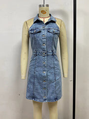 Casual Button Front Sleeveless Denim Mini Dress