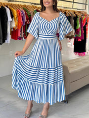 Casual Striped Print Patchwork V-neck Midi Dress