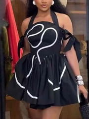 Sexy Halter Off Shoulder Print Pleated Mini Dress