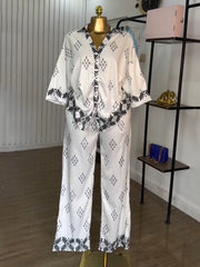 Vintage Print Loose Shirt And Wide Leg Pants Sets