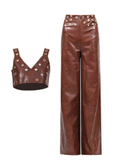 PU Leather Metal Ring Crop Vest High Waist Pant Set