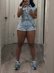 Casual Stretch Sleeveless Denim Cargo Romper