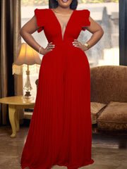 Elegant V Neck Plain Mesh Pleated Jumpsuit