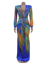 Fashion V Neck Colorful Print Slim Maxi Dress