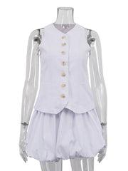 Casual Sleeveless Waistcoat Bubble Skirt Sets