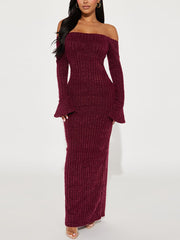 Off Shoulder Flared Sleeve Split Dress