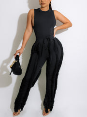 Casual Sleeveless Bodysuit Tassels Pants Set
