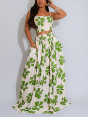 Casual Print Strap Top Swinging Skirt Two Piece Set