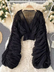 Fashion V Neck Puff Sleeve Dressy Tops