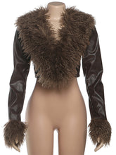Fluffy Long Sleeve Patchwork PU Leather Cropped Coat