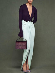 Fashion Deep V Long Sleeve Contrast Color Knot Gown